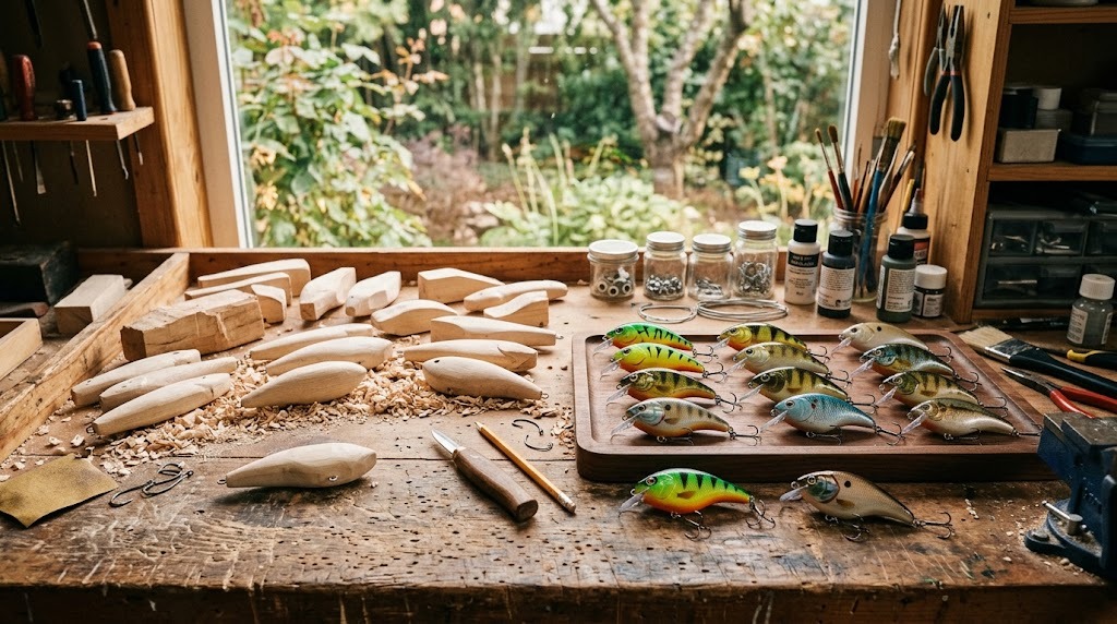 Hand-carved lure blanks and painted crankbaits on a workbench