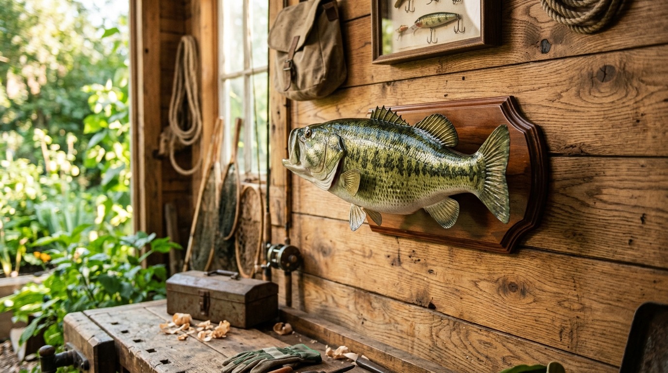 Painted largemouth bass replica mount on a wood-panelled wall
