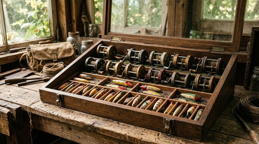Vintage fishing reels and painted lures in a wooden display case