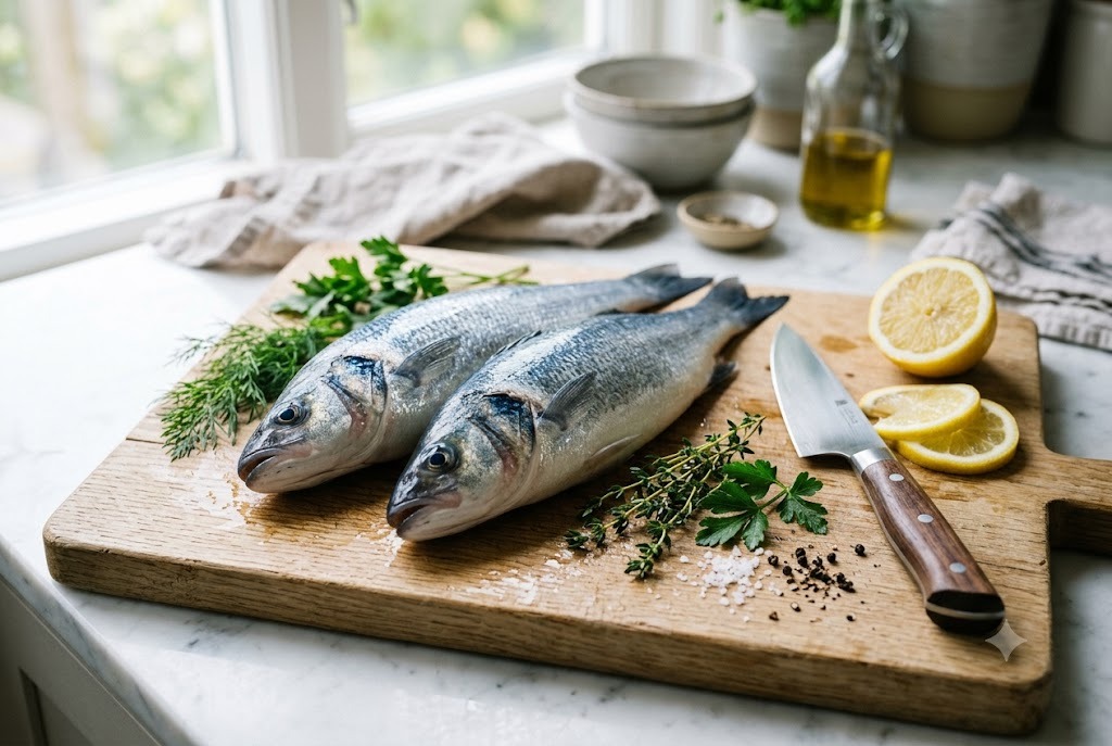 Fresh fish on a board, ready to fillet